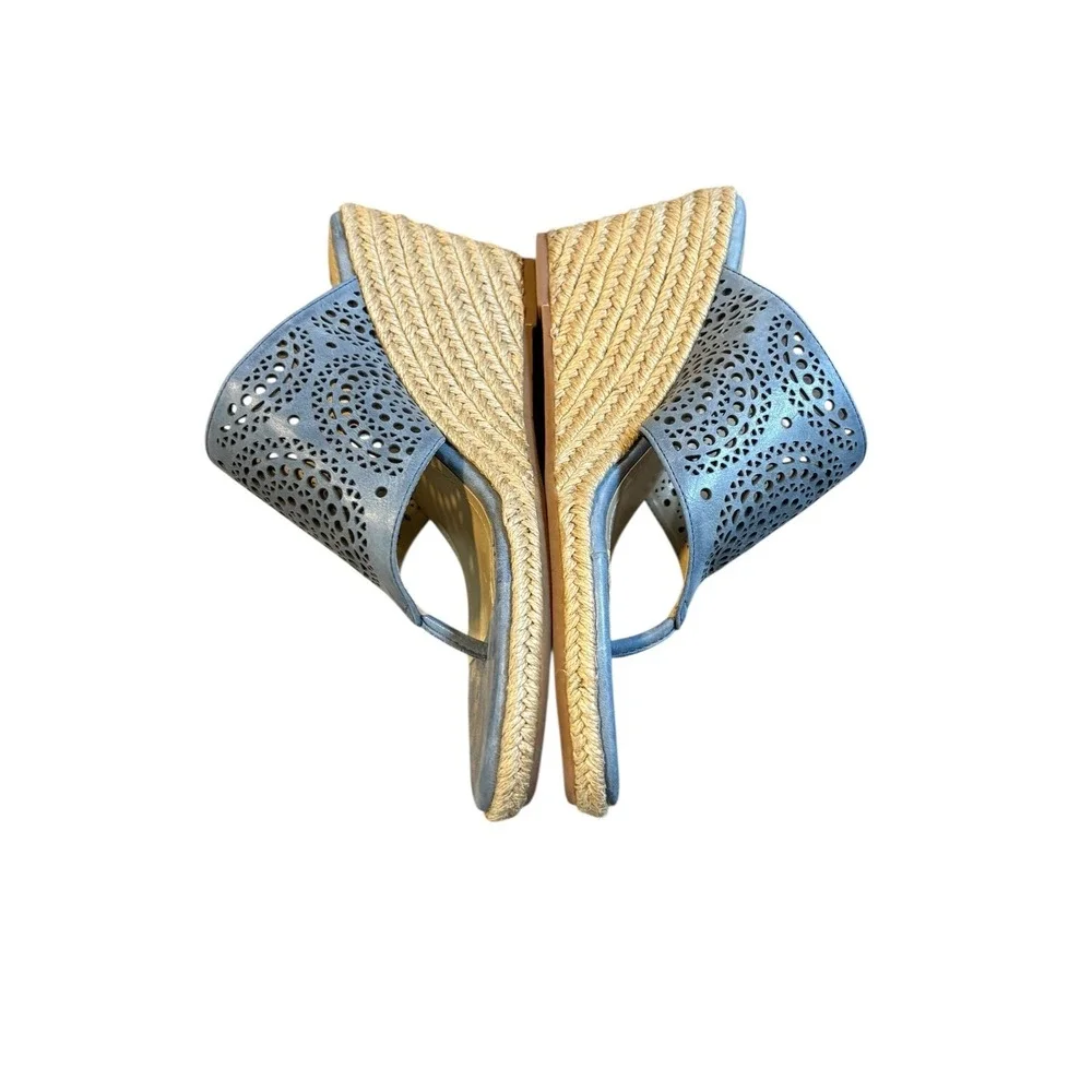 Johnston & Murphy Wedge Sandals Womens 8‎ Blue Laser Cut Espadrille Thong Mules